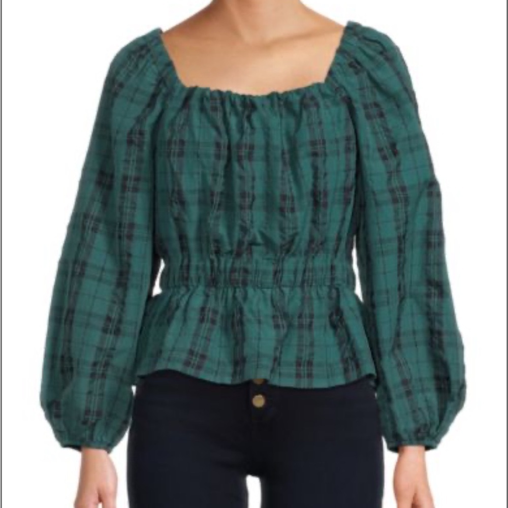 TANYA TAYLOR Georgetta Plaid Peasant Top Size Small